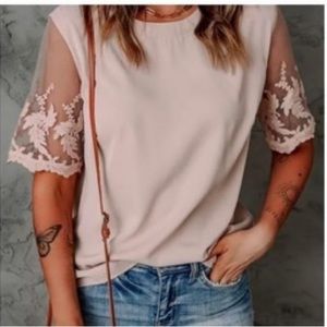Tan top with lace short sleeves